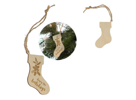 Strumpfförmiges Weihnachtsornament aus Holz Werbeartikel
