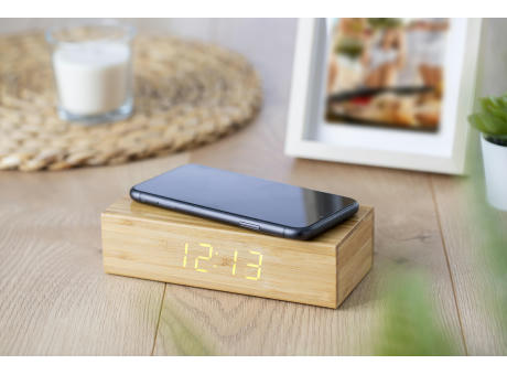 Wireless Ladepad aus Bambus mit Uhr Rosie Werbeartikel