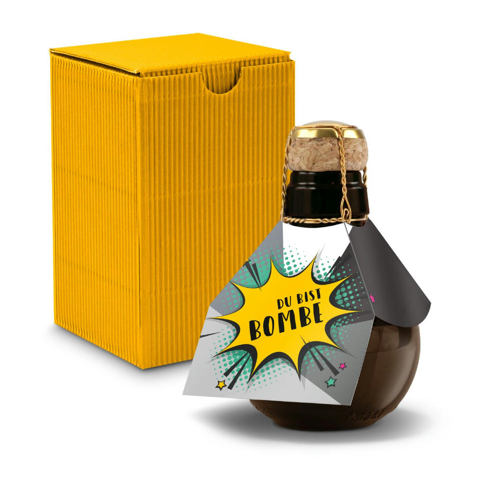 Kleinste Sektflasche der Welt! Du bist Bombe - Inklusive Geschenkkarton in Gelb, 125 ml Werbeartikel