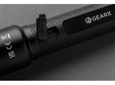 Große Gear X Taschenlampe aus RCS recycelt. Alu mit USB-Akku Werbeartikel
