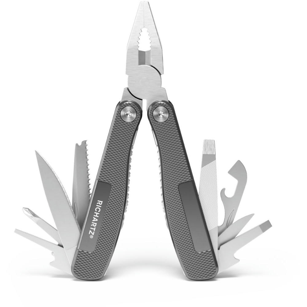 RICHARTZ WORKER tool: aufgeklappte Multitool-Zange mit Säge, Klingen und Schraubendrehern – Werbeartikel mit Logo