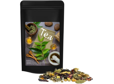 Ayurveda Relax-Tee, ca. 50g, Standbeutel Midi schwarz Werbeartikel