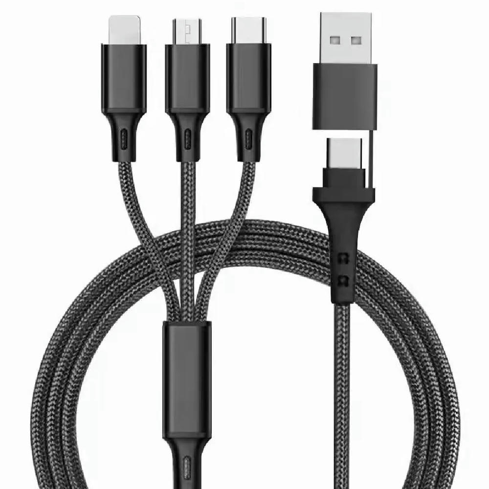 5in1 Ladekabel Nylon mit USB-A und TYP-C Kombistecker für Micro, TYP-C und Lightning 120cm Blau Werbeartikel