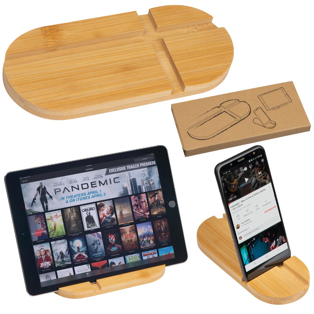 Product image Tablet- und Smartphonehalter aus Bambus Werbeartikel