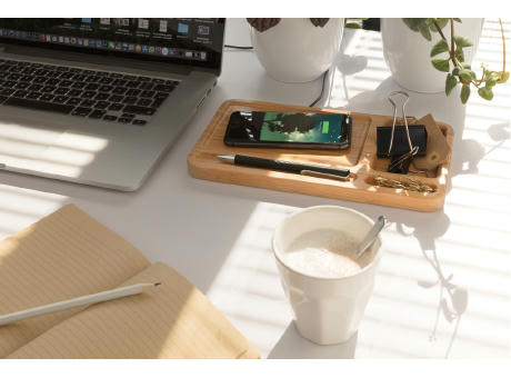 Bambus Desk Organizer mit 10W Wireless Charger Werbeartikel