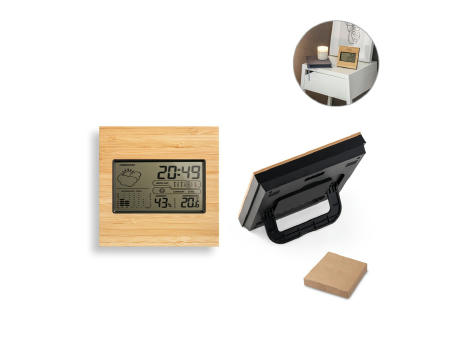 BROMLEY. Tischwetterstation mit LCD-Bildschirm aus ABS und Bambus Werbeartikel
