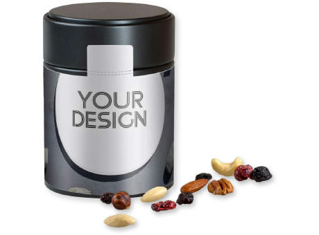 Premium Studentenfutter, ca. 100g, Metalldose Midi schwarz Werbeartikel