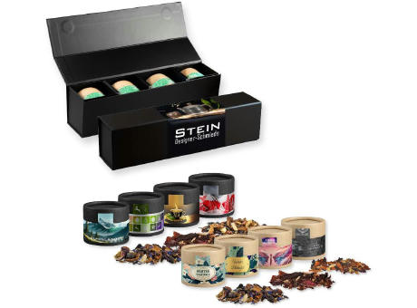 Product image Verschiedene Weihnachts Teesorten, , ca. 80-120g, Geschenk-Set Premium schwarz mit Magnetverschluss und 4 Kraftpapierdosen Mini Werbeartikel