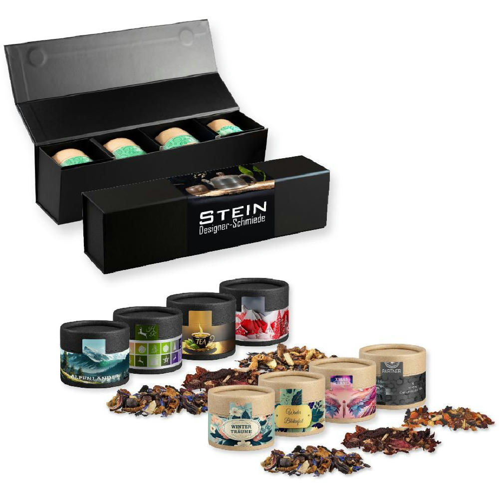 Product image Verschiedene Weihnachts Teesorten, , ca. 80-120g, Geschenk-Set Premium schwarz mit Magnetverschluss und 4 Kraftpapierdosen Mini Werbeartikel