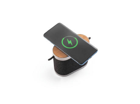 GUETTA. Tragbarer 5W-Lautsprecher mit superschnellem kabellosem 15W-Ladegerät und 2h Akkulaufzeit aus Bambus und Recyceltes PET (100% rPET) Werbeartikel