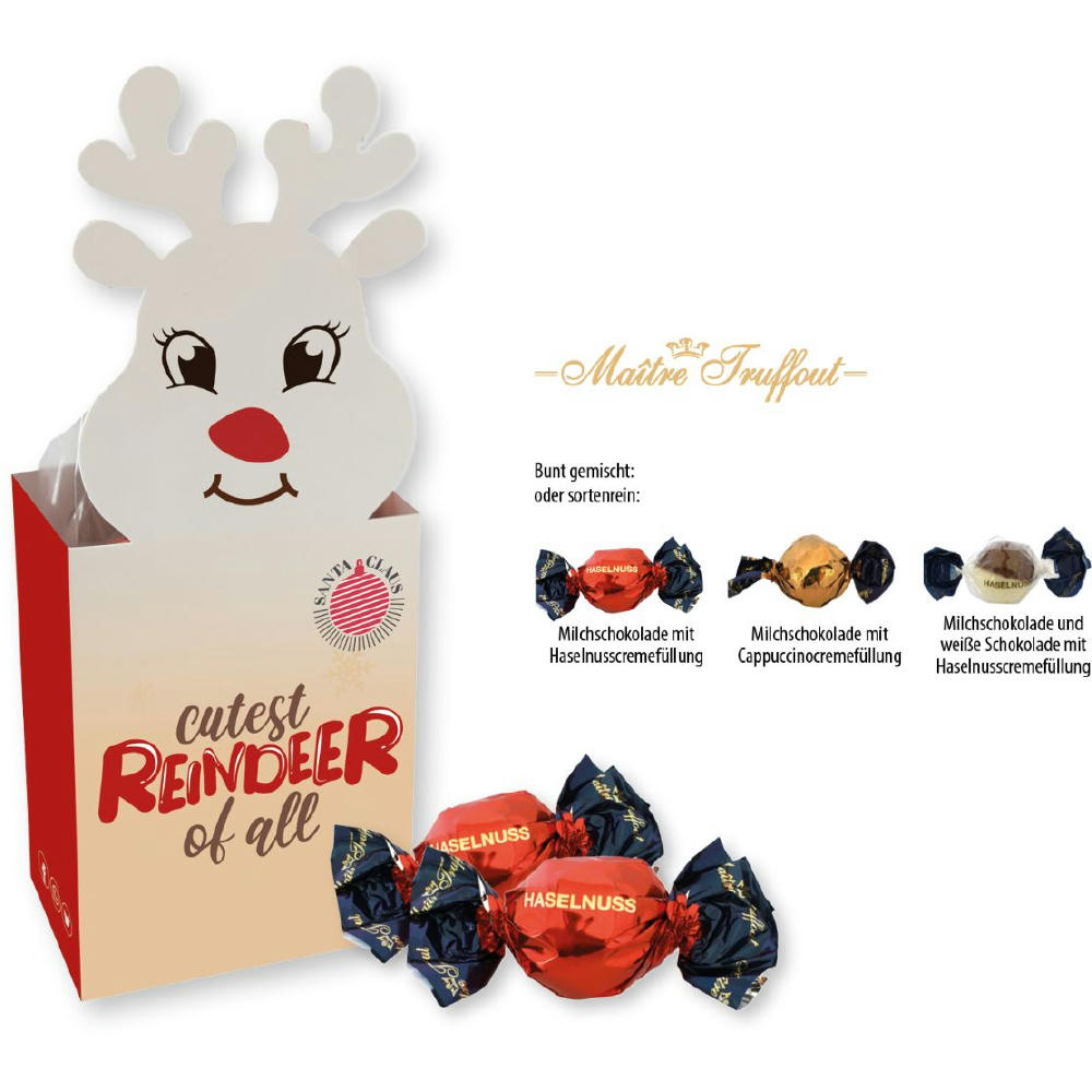 Product image Weihnachtspralinés in Motivkartonage "Rentier", 5 Stück, Inhalt: Pralinen Milchschokolade und weiße Schokolade mit Haselnusscremefüllung Werbeartikel