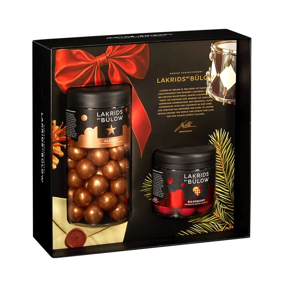 Lakrids by Bülow Black Box mit Classic Caramel Regular und Crispy Raspberry Small – Lakritz Geschenkbox