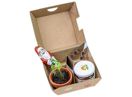 Geschenk-Set Xmas - V3 - Tontöpfchen, Schoko-Nikolaus, Backförmchen Tannenbaum und ein Gläschen Orangenmarmelade Werbeartikel