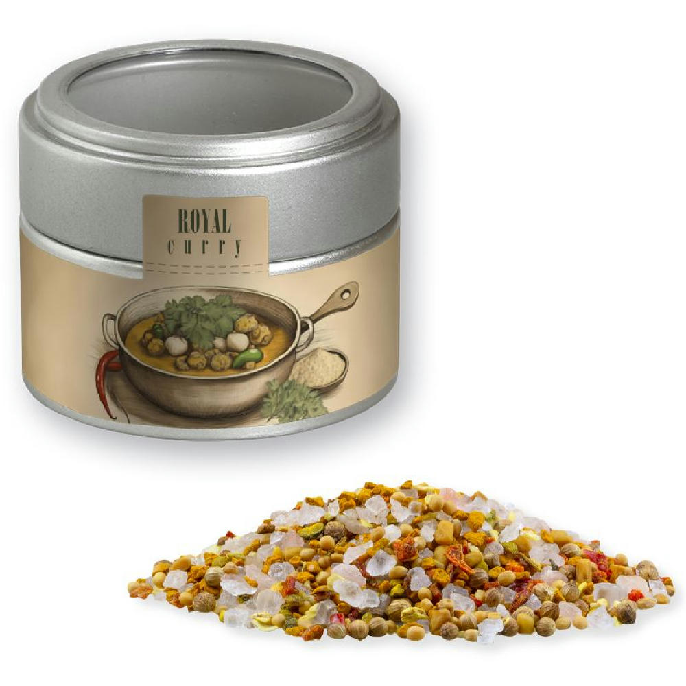 Royal Curry, ca. 75g, Metalldose Mini mit Sichtfenster silber Werbeartikel