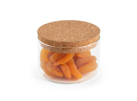 SPICE 380. Behälter (380 mL) aus Borosilikatglas mit Korkdeckel Werbeartikel