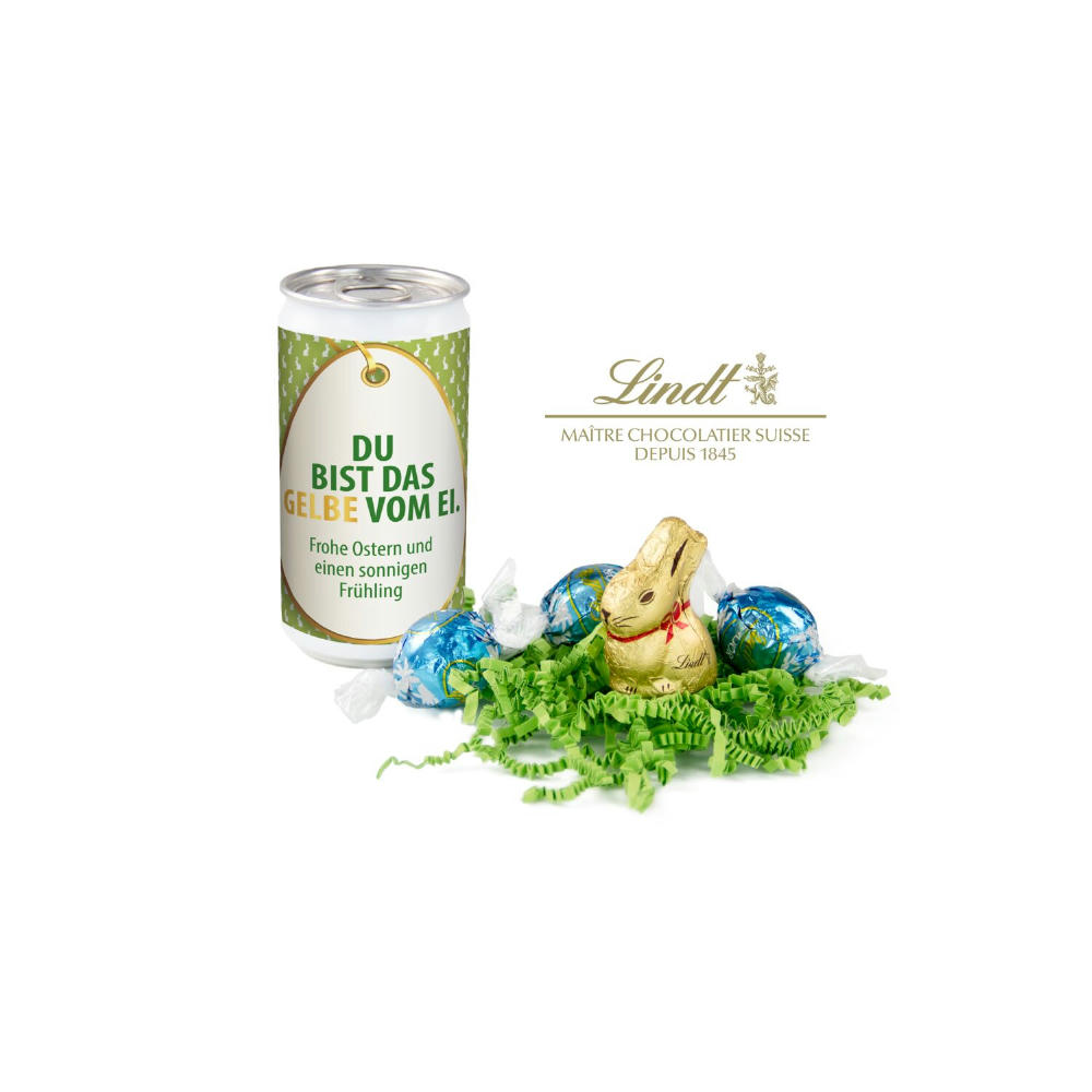 Geschenkartikel / Präsentartikel: Lindt-Oster-Überraschung, Das Nest in der Dose - Etikett Frohe Ostern - EierWiese Werbeartikel