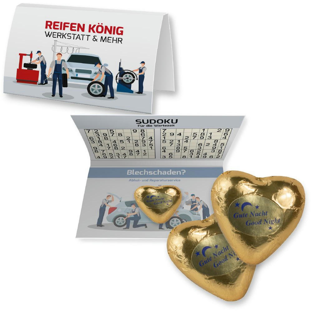 Goldenes Schoko-Herz, ca. 9g, Werbekarte A6 gefaltet Werbeartikel