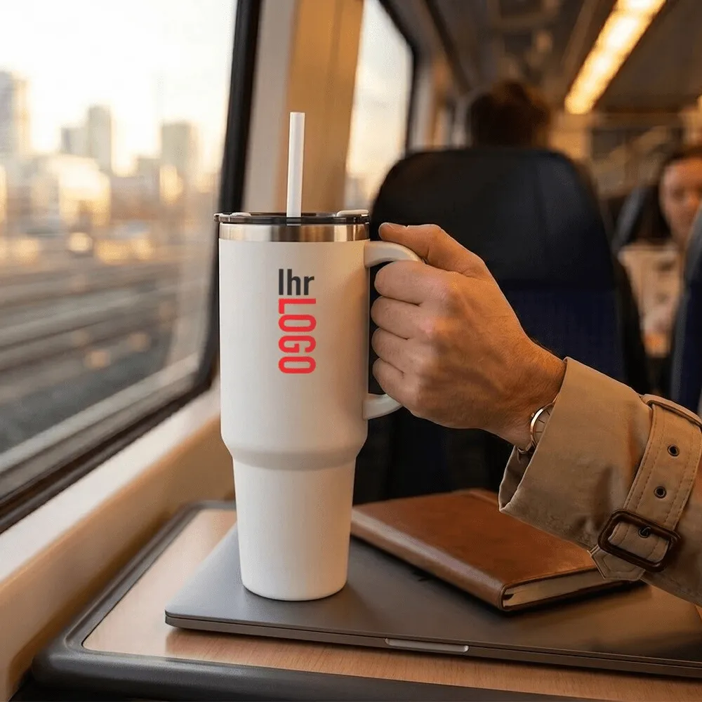 Sydney Thermobecher in Weiß in der Hand im Zug – praktischer Werbeartikel für Pendler, Reisen und unterwegs