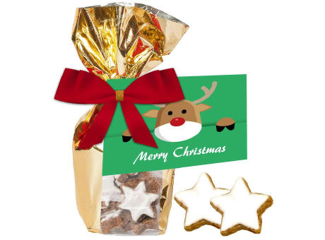 Zimtsterne, ca. 100g, Goldfolienbeutel mit Werbekarte bedrucken