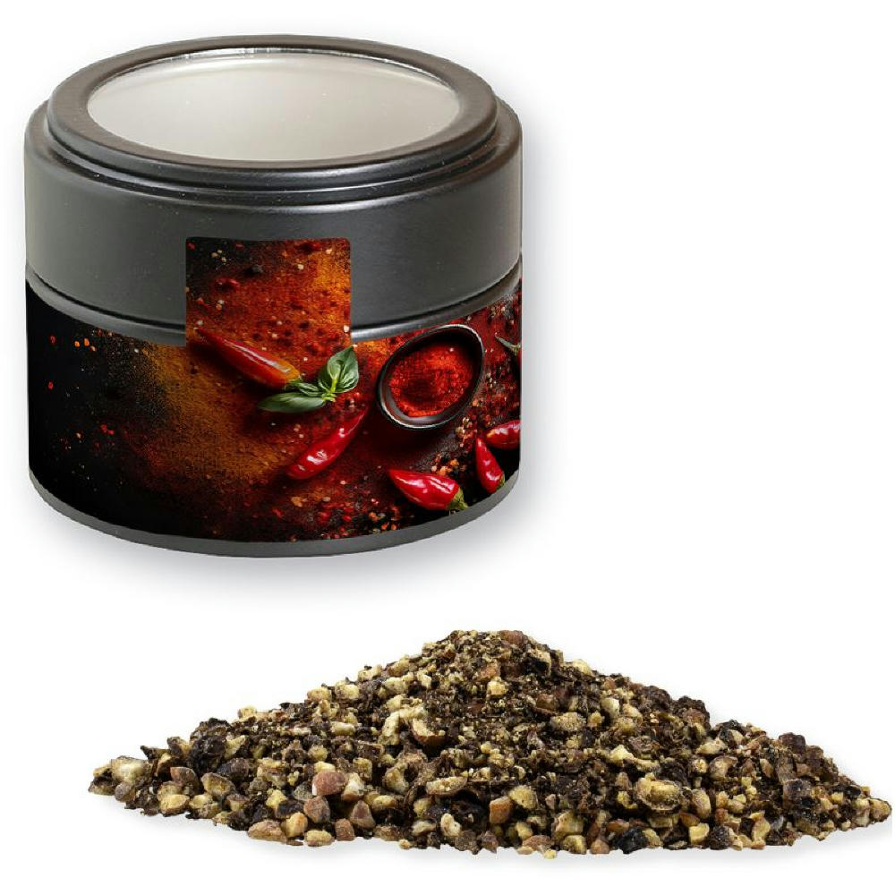 Product image Pfeffer geschrotet, ca. 55g, Metalldose Mini mit Sichtfenster schwarz Werbeartikel