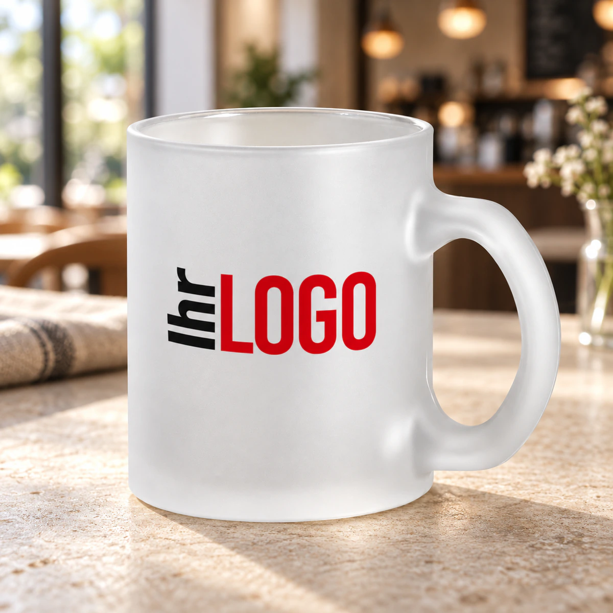 KENNY II. Tasse aus Glas 340 mL Mattierte Glastasse Kenny II, 340 ml, mit Logoaufdruck auf einem Cafétisch am Fenster als Beispiel für eine Werbetasse.