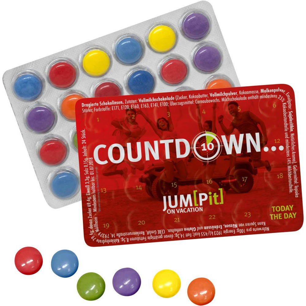 Product image Kleinster Event-Kalender der Welt mit 24 bunten Schokolinsen Werbeartikel