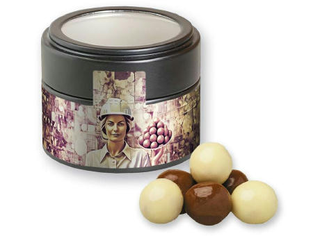 Product image Knusperkugeln-Mix, ca. 45g, Metalldose Mini mit Sichtfenster schwarz bedrucken