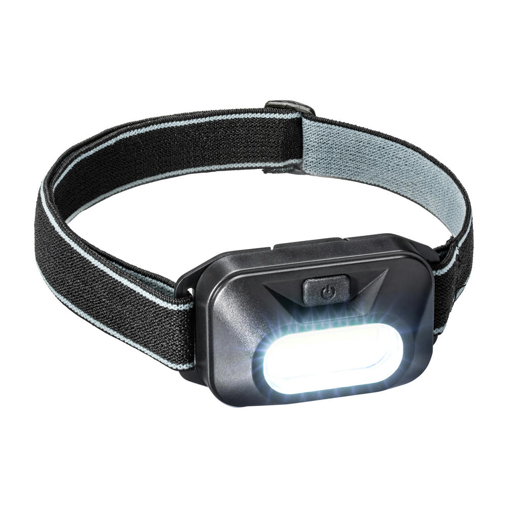 Schwarze Kopflampe Peoría mit hell leuchtender LED-Fläche am Kopfband – Stirnlampe als Werbeartikel