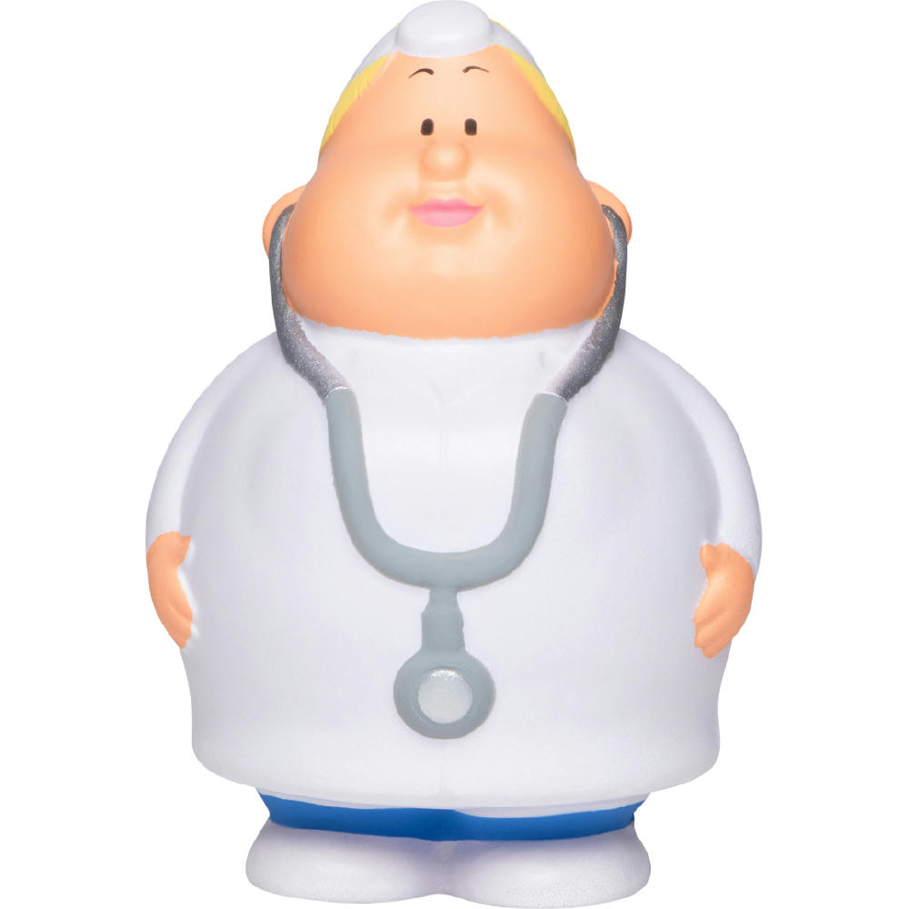 Product image Dr. Berta im weißen Kittel mit Stethoskop – Anti-Stress-Figur mit Logo für Arztpraxen und Kliniken