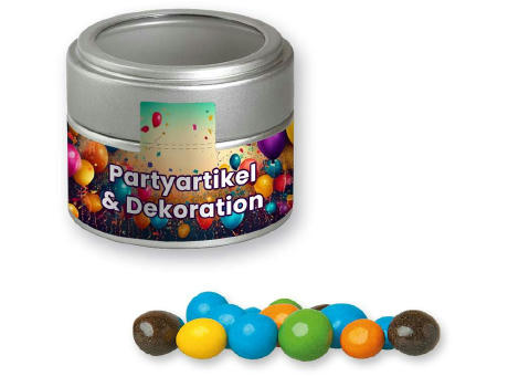 Bunte Schoko Erdnüsse, ca. 70g, Metalldose Mini mit Sichtfenster silber Werbeartikel