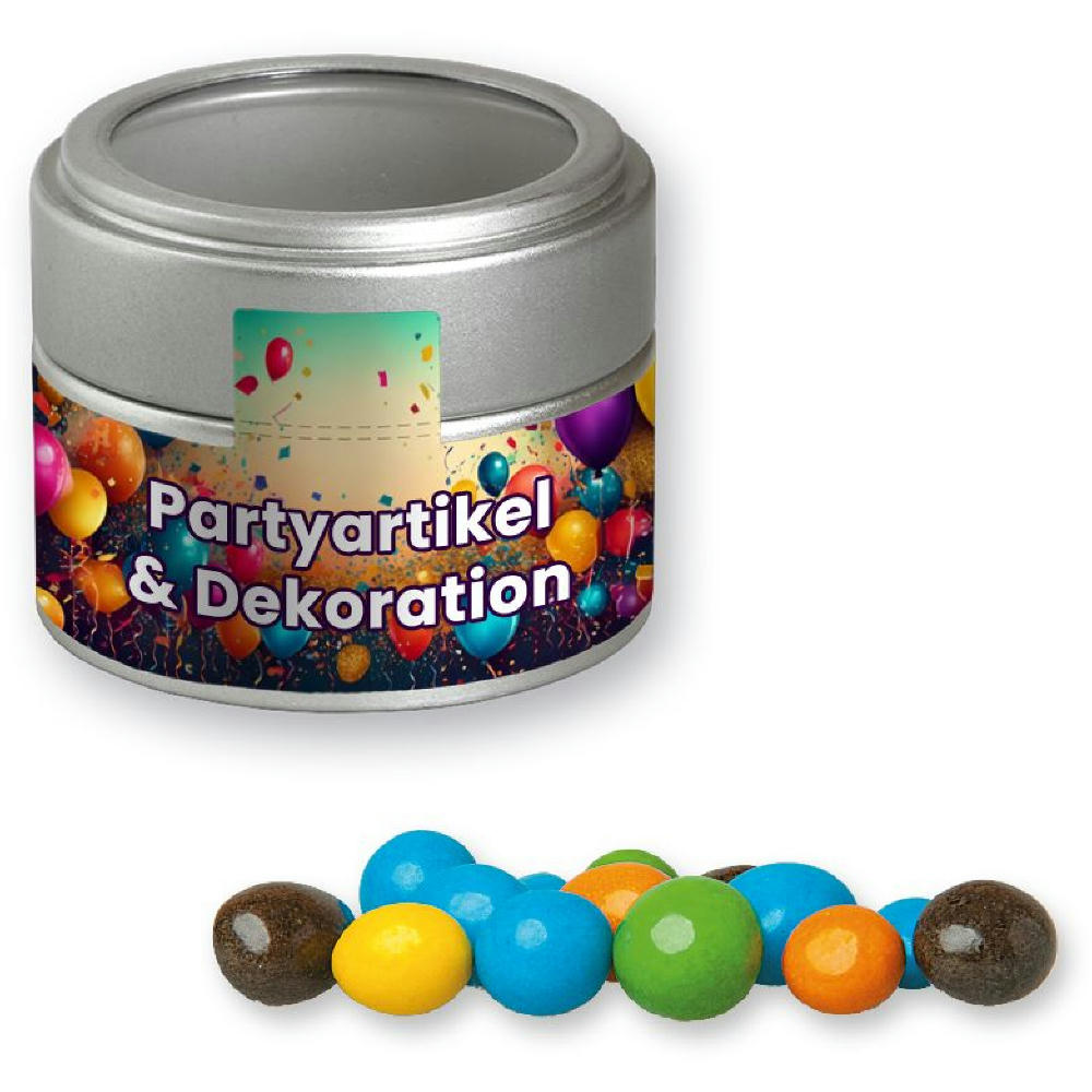 Product image Bunte Schoko Erdnüsse, ca. 70g, Metalldose Mini mit Sichtfenster silber Werbeartikel