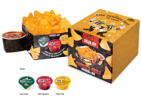 Nacho Box im Schuber,   190 g, Inhalt: Nachos Paprika-Chili, Salsa Dip Spicy Werbeartikel