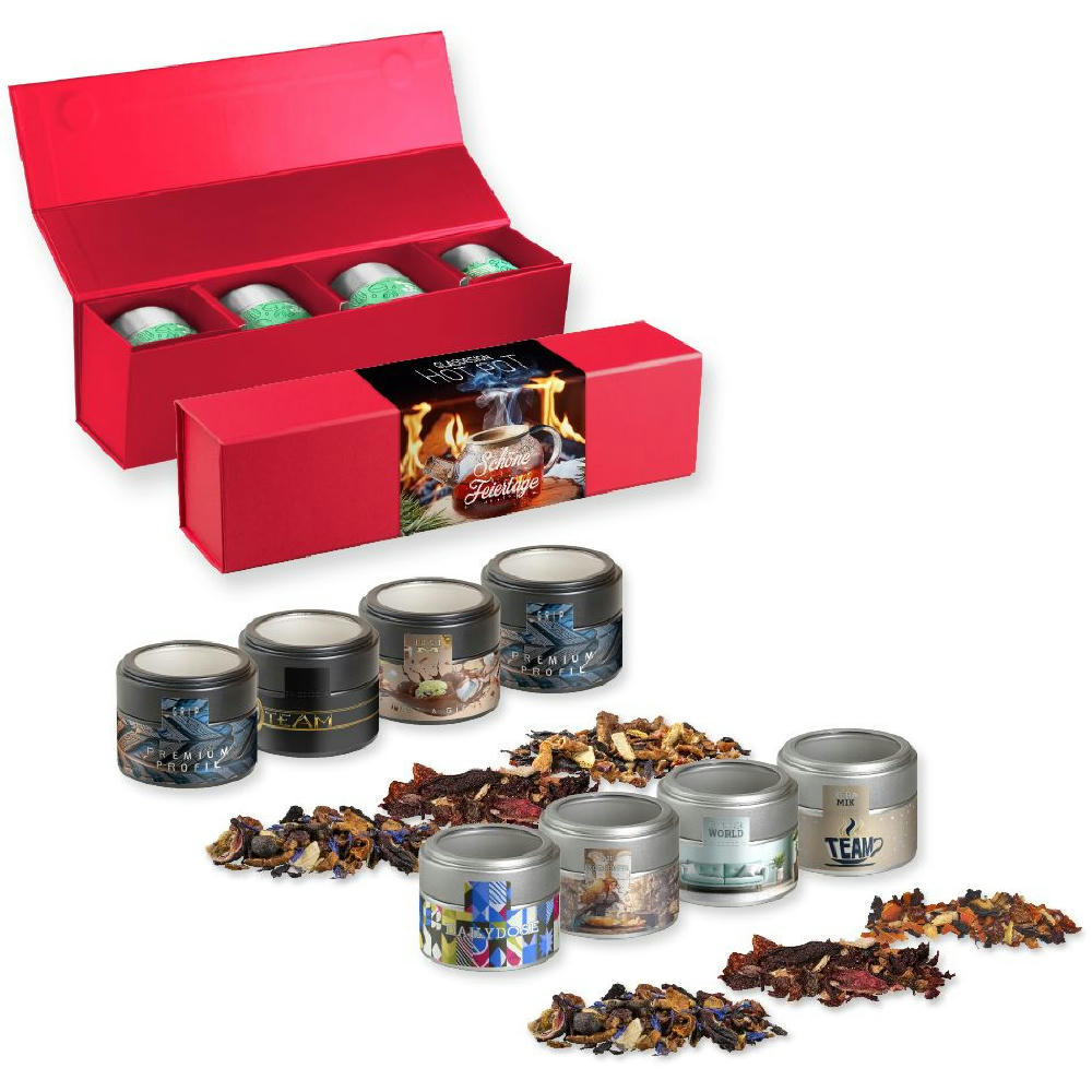 Product image Verschiedene Weihnachts Teesorten, , ca. 120-140g, Geschenk-Set Premium rot mit Magnetverschluss und 4 Metalldosen Mini mit Sichtfenste Werbeartikel