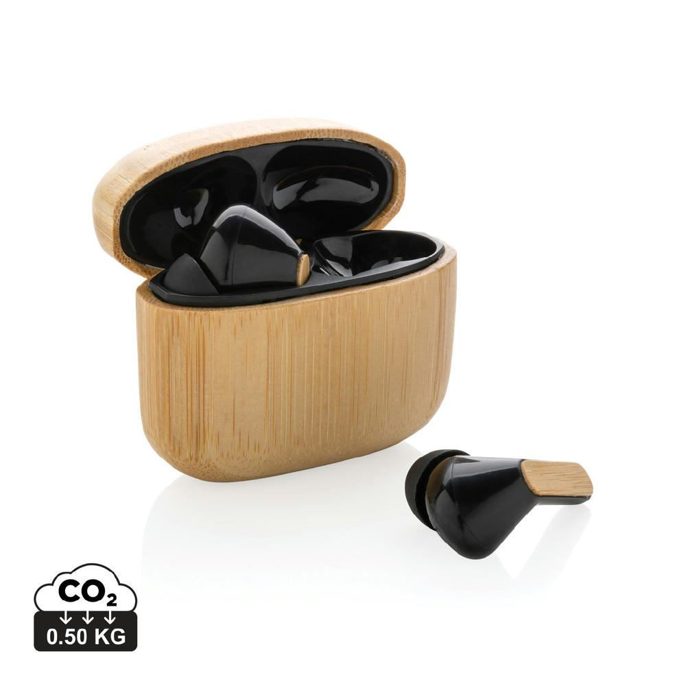 Product image TWS-Kopfhörer aus RCS recyceltem Kunststoff und Bambus Werbeartikel