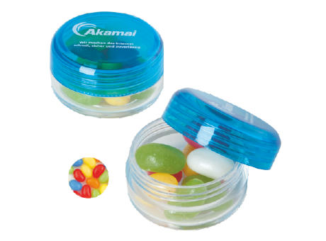 Runde Plastikdose mit farbigem Deckel gefüllt mit ca. 12 gr. Jelly Beans TAMPONDRUCK Werbeartikel