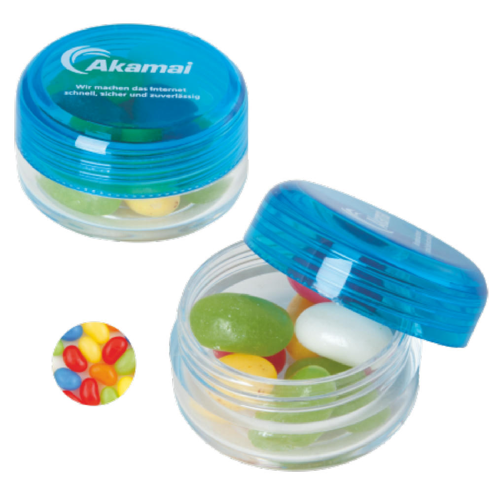 Product image Runde Plastikdose mit farbigem Deckel gefüllt mit ca. 12 gr. Jelly Beans TAMPONDRUCK Werbeartikel