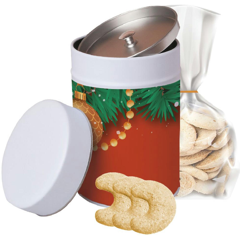 Product image Vanillekipferl, ca. 100g, Beutel in Metalldose Maxi Werbeartikel