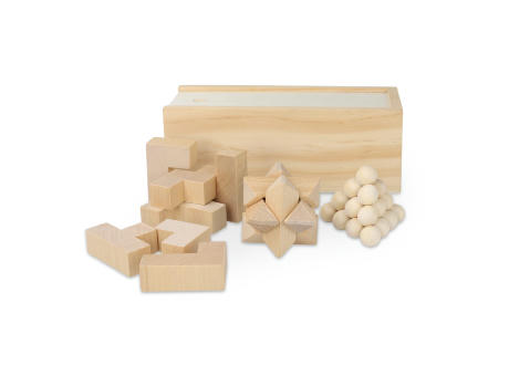 Dieses nachhaltige Set enthält drei spannende Denkspiele: ein Sternenpuzzle, ein Pyramidenpuzzle und ein 3D-Würfelpuzzle, die alle aus FSC-Holz gefertigt sind. Sie sind in einer FSC-Holzbox  Werbeartikel