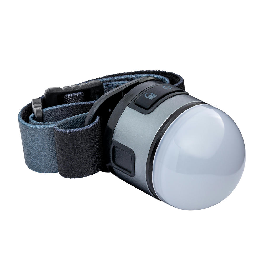 Kopflampe Clerdon mit runder Laternenhaube am Kopfband – Stirn- und Campinglampe mit Logo