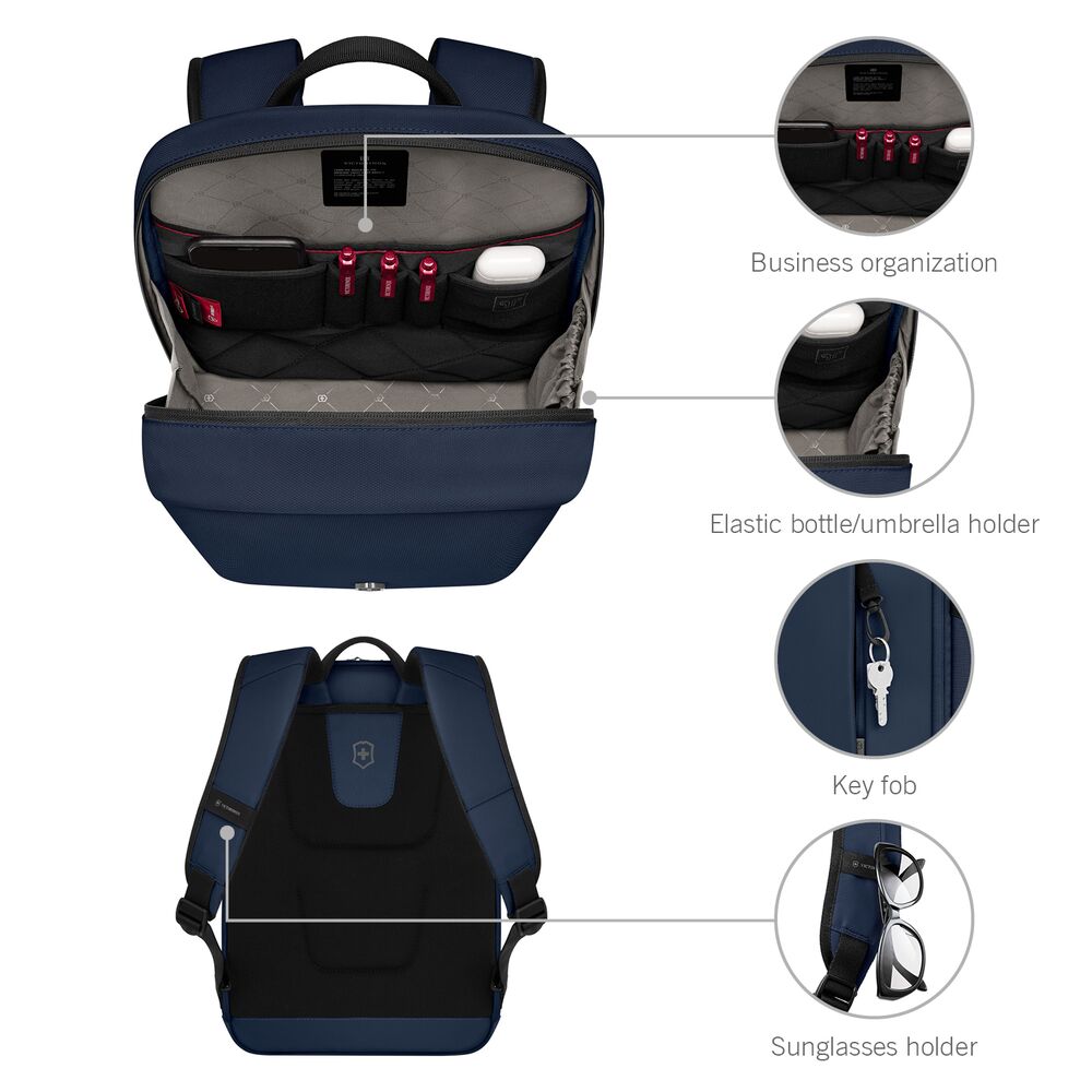 Victorinox Altmont Modern City Daypack Infografik mit vergrößerten Detailansichten, funktionaler Rucksack mit hochwertigen Reißverschlüssen, Komfortträgern und durchdachter Ausstattung.