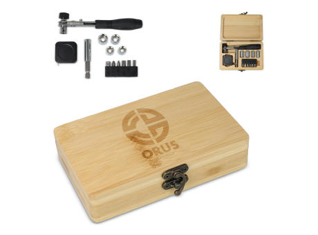 13-teiliges Werkzeugset in Bambusbox Werbeartikel