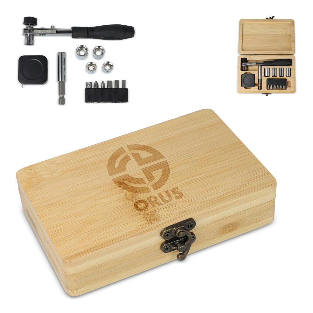 Product image 13-teiliges Werkzeugset in Bambusbox Werbeartikel