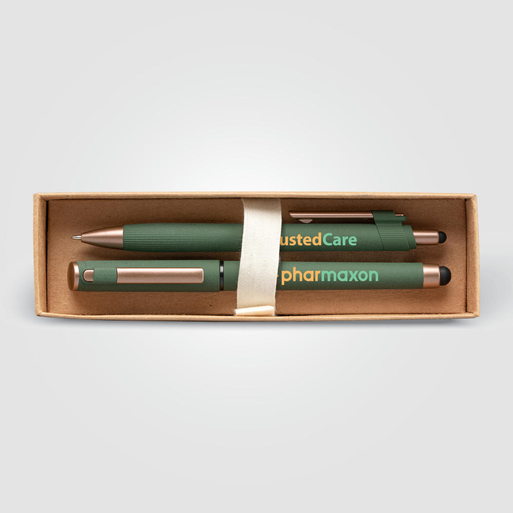 York Kugelschreiber-Geschenkset mit bronzefarbenen Akzenten aus recyceltem Kunststoff inkl. verzierter Geschenkbox Werbeartikel