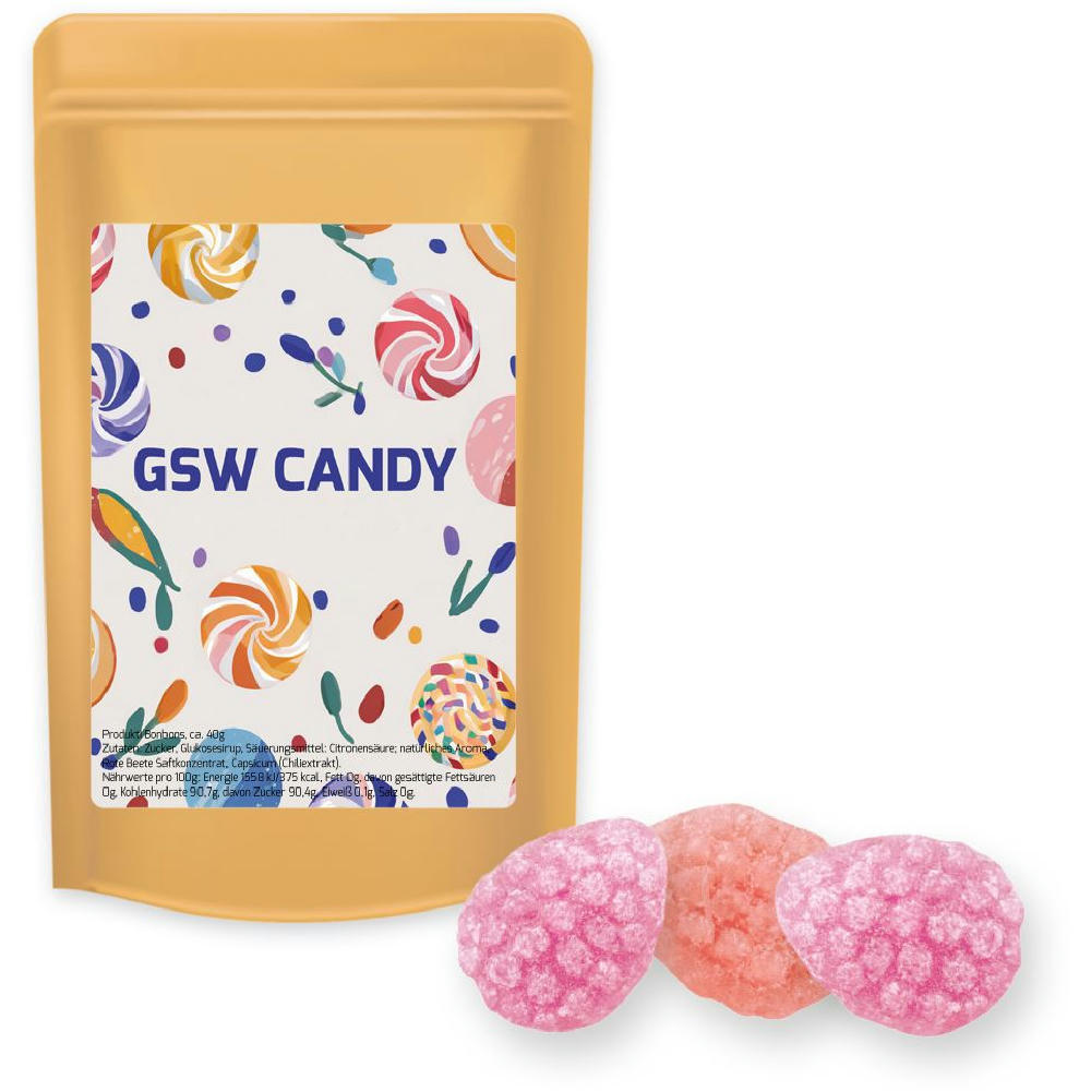 Product image Erdbeer Chili Bonbons, ca. 80g, Standbeutel Midi Werbeartikel