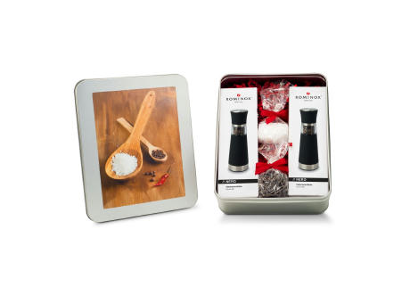 Geschenkset / Präsenteset: Salz- & Pfeffermühlen Set - in Silberdose Werbeartikel