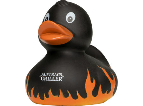 Quietsche-Ente Flammen mit Slogan Auftragsgriller Werbeartikel