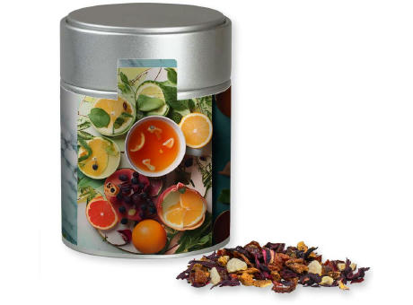 Product image Früchtetee gute Laune, ca. 60g, Metalldose Midi silber Werbeartikel
