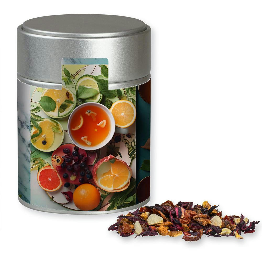 Product image Früchtetee gute Laune, ca. 60g, Metalldose Midi silber Werbeartikel