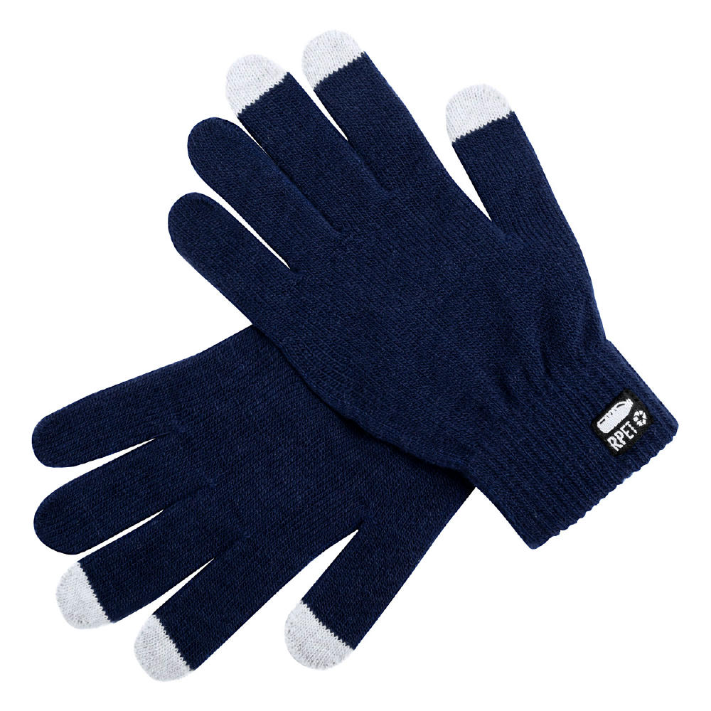 Dunkelblaue Touchscreen-Handschuhe Retap mit weißen Fingerspitzen und Label – Handschuhe zum Bedrucken