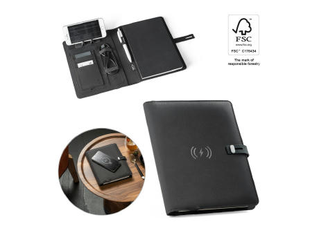 EMERGE A5 FOLDER. A5 Mappe aus 300D recyceltem Polyester (100% rPET) mit kabellosem Ladegerät Werbeartikel